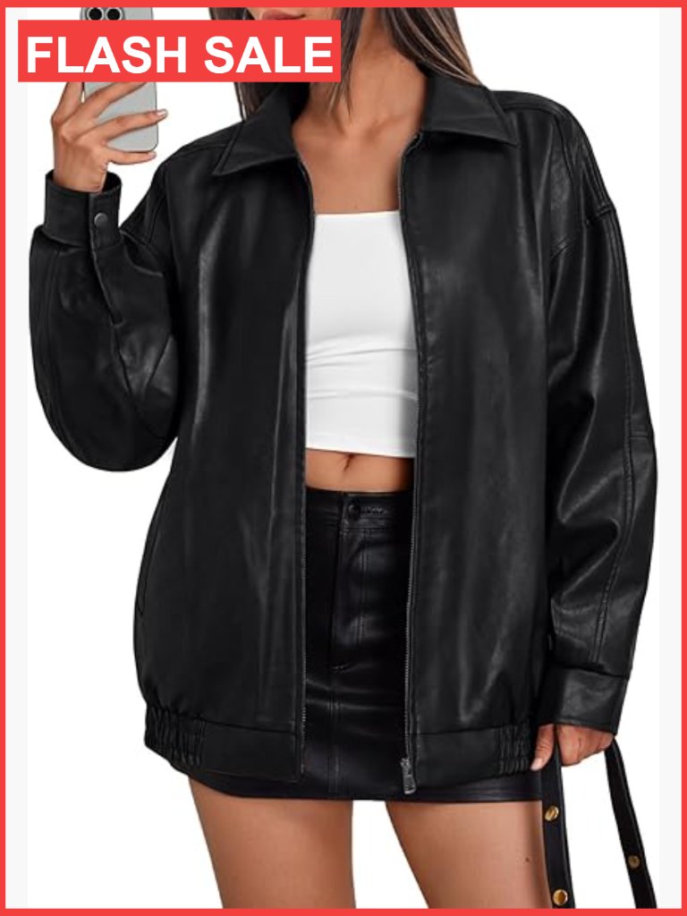 Oversized Faux Leather Moto Bomber Jacket, Long Sleeve Cocoon Coat For Women